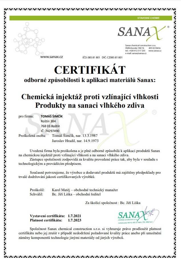 Certifikát - sanax